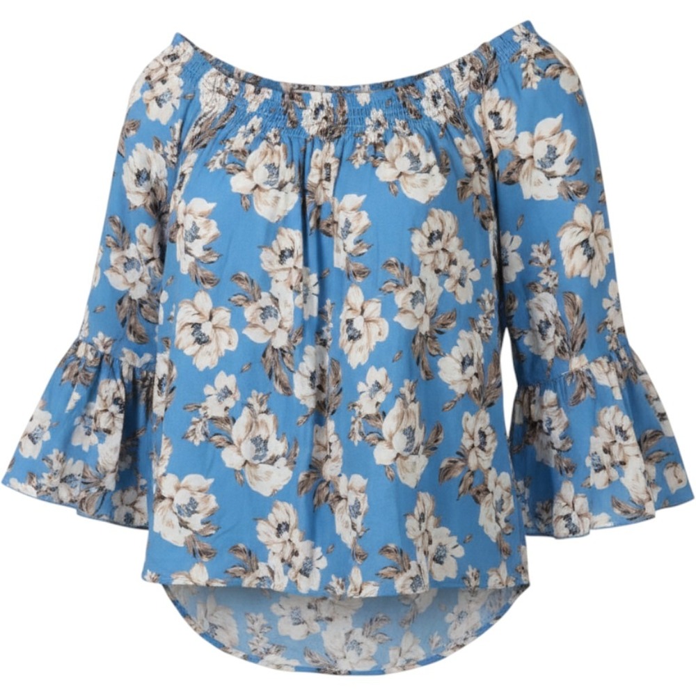 Cato Blouse Floral Smocked Bell Sleeve Ruffle Blue‎ Women XL Prairie Boho Flowy